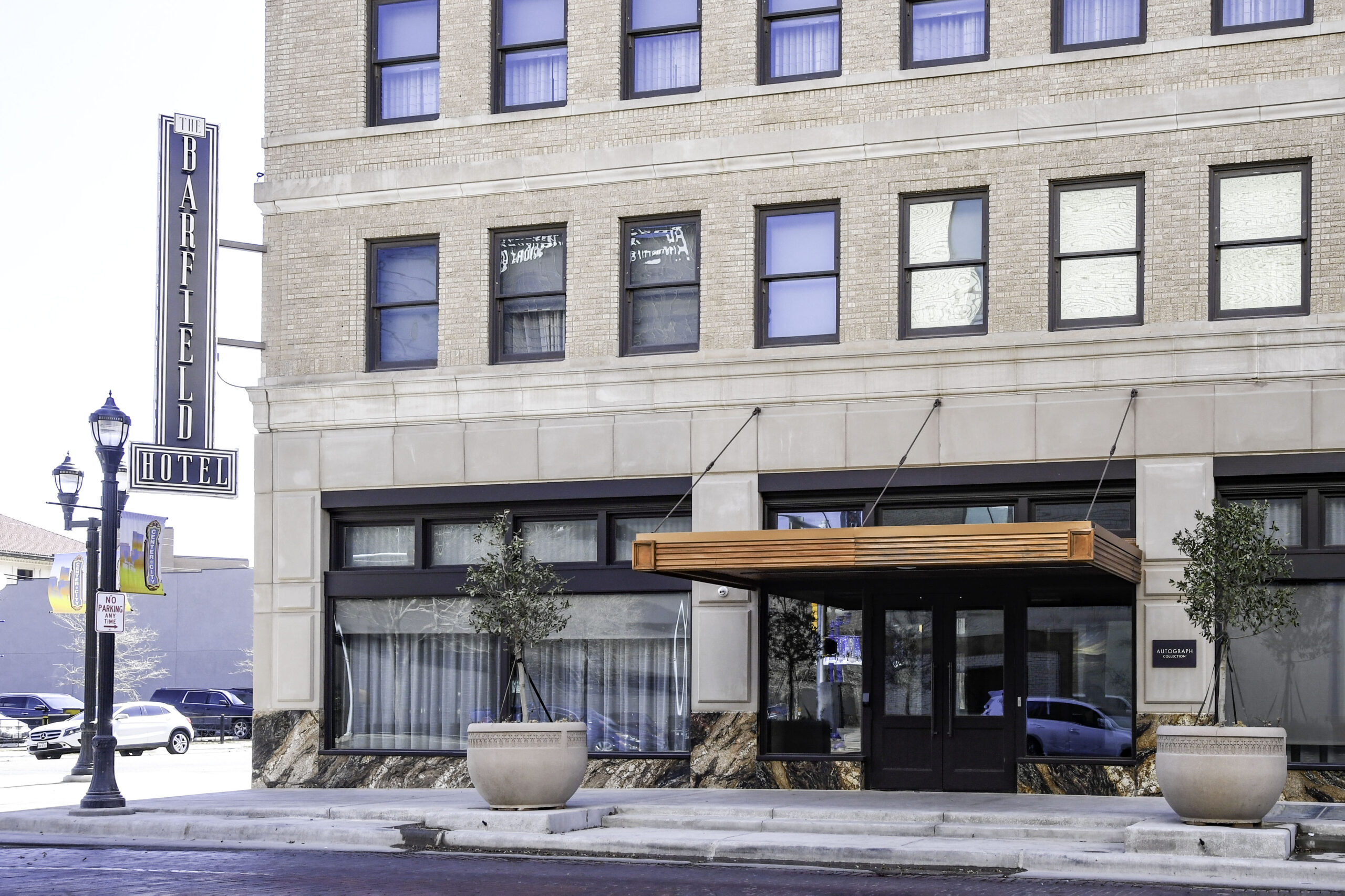 Ground level view of The Barfield Hotel's entrance.